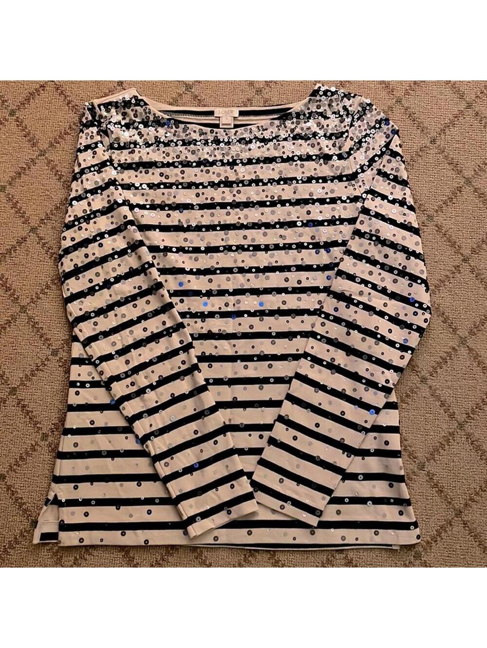 Vintage J. Crew navy striped tunic w hand sewn sequin embellishment NWOT S